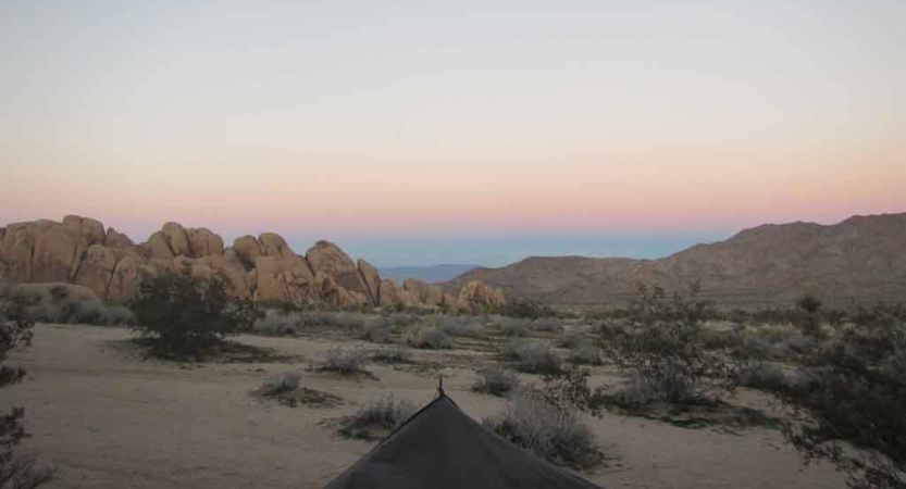 A tent rests in a desert environment. The sky appears in gentle colors. 